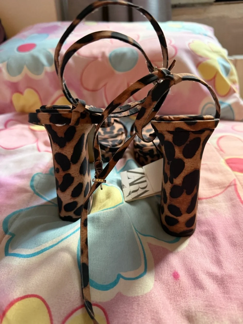 ZARA Leopard-Print Ankle-Tie Heeled Sandals - Brown/Black - Picture 6 of 7
